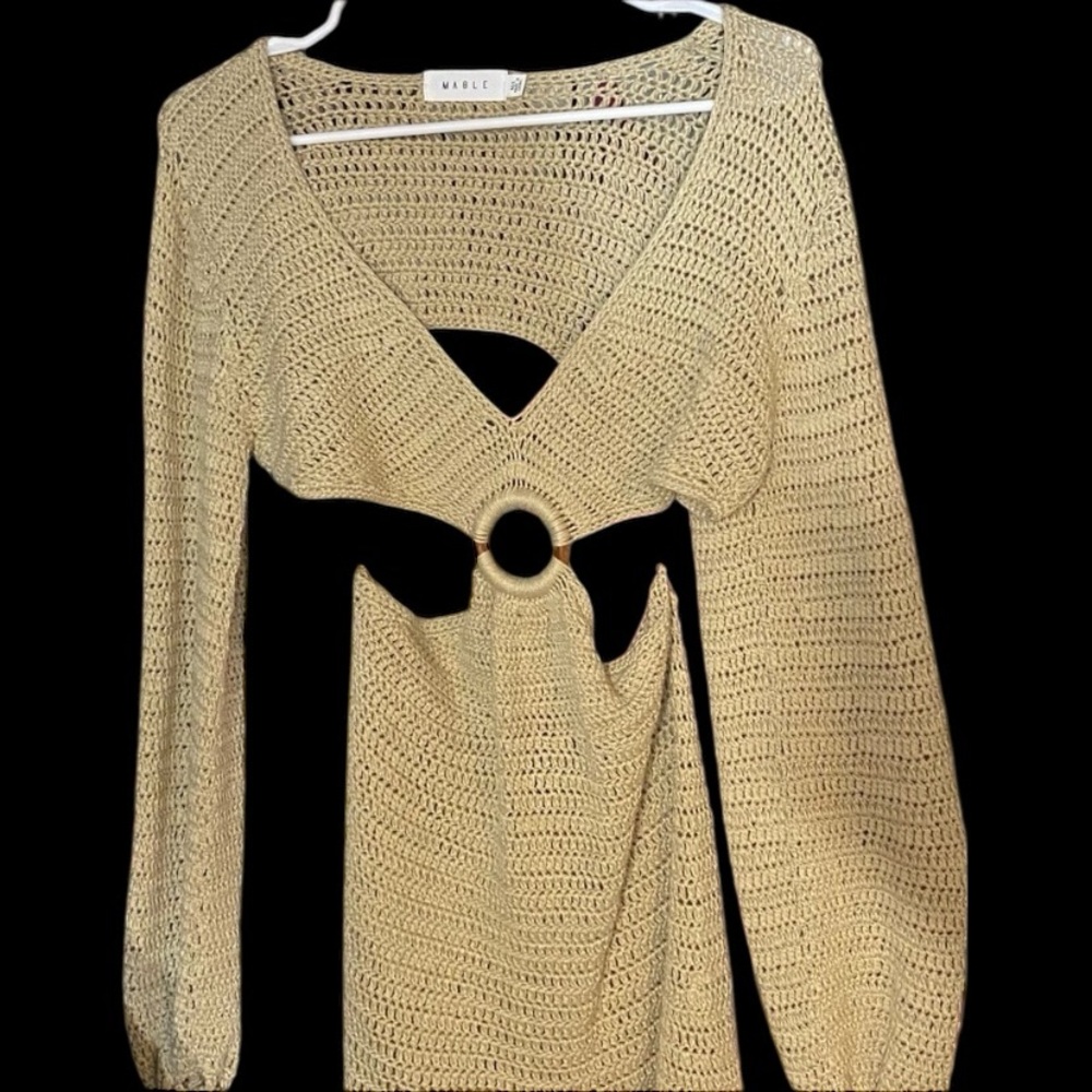 MARBLE Beige V-Neck Sweater with Ring Detail